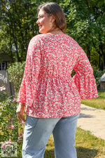 Red Plus Size Floral V Neck Flared Bracelet Sleeve Blouse - Plus Size/Plus Size Tops/Plus Size Blouses & Shirts