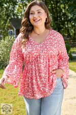 Red Plus Size Floral V Neck Flared Bracelet Sleeve Blouse - Plus Size/Plus Size Tops/Plus Size Blouses & Shirts