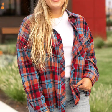 Red Plus Size Plaid Print Buttoned Shirt - Red / 1X / 100% Cotton - Plus Size/Plus Size Tops/Plus Size Blouses & Shirts