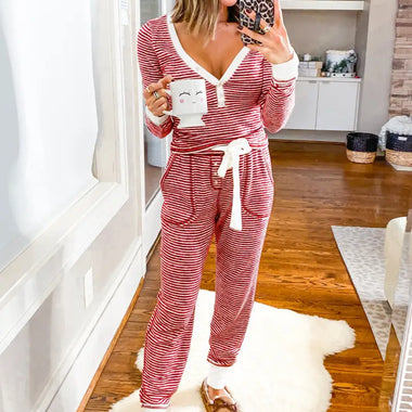 Red Stripe Buttoned V Neck Top and Knotted Waist Pants Lounge Set for relaxed comfort in various sizes