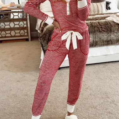 Red Stripe Buttoned V Neck Top and Knotted Waist Pants Lounge Set for ultimate relax relax