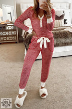 Red Stripe Buttoned V Neck Top and Knotted Waist Pants Lounge Set for ultimate relax relax