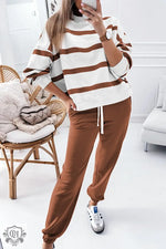 Red Stripe Drop Shoulder Pullover and Jogger Pants Set - Brown Stripe / S / 100% Polyester - Two Piece Sets/Pant Sets