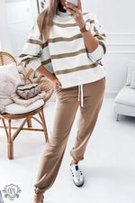 Red Stripe Drop Shoulder Pullover and Jogger Pants Set - Light French Beige / S / 100% Polyester - Two Piece Sets/Pant