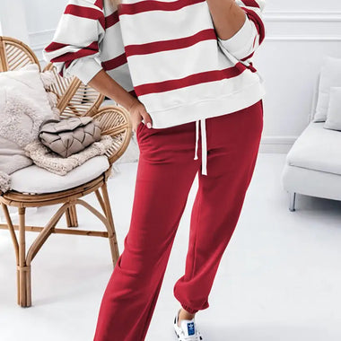 Red Stripe Drop Shoulder Pullover and Jogger Pants Set - Red Stripe / S / 100% Polyester - Two Piece Sets/Pant Sets