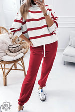 Red Stripe Drop Shoulder Pullover and Jogger Pants Set - Red Stripe / S / 100% Polyester - Two Piece Sets/Pant Sets