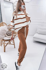 Red Stripe Drop Shoulder Pullover and Jogger Pants Set - Two Piece Sets/Pant Sets