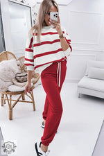 Red Stripe Drop Shoulder Pullover and Jogger Pants Set - Two Piece Sets/Pant Sets