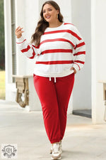 Red Stripe Drop Shoulder Pullover and Jogger Pants Set - Two Piece Sets/Pant Sets