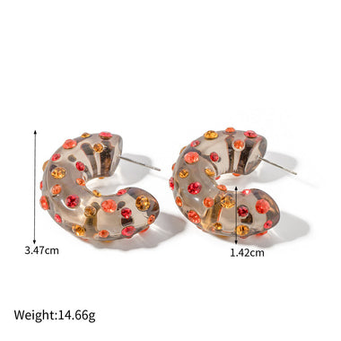 Novel and fashionable C-shaped resin diamond-encrusted design simple style earrings - QH Clothing