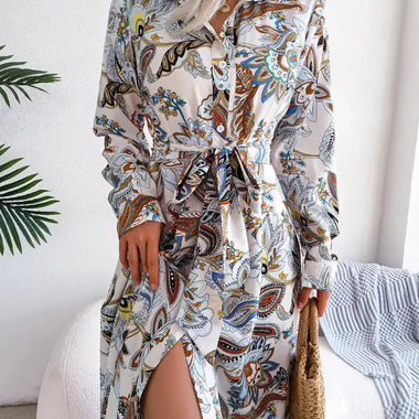 Spring Summer Retro Floral Collared Tied Shirt Dress Maxi Dress Women Clothing - Quality Home Clothing| Beauty