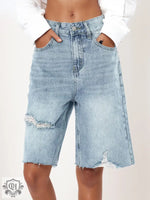 Retro High Waist Distressed Denim Shorts - QH Clothing