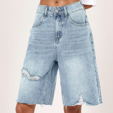 Retro High Waist Distressed Denim Shorts - QH Clothing