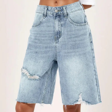 Retro High Waist Distressed Denim Shorts - QH Clothing