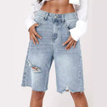 Retro High Waist Distressed Denim Shorts - QH Clothing