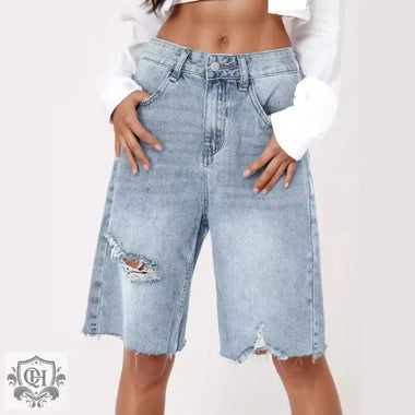 Retro High Waist Distressed Denim Shorts - QH Clothing