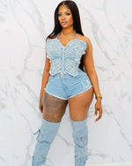 Rhinestone Butterfly Denim Set - S / Light Blue Color-1 - Clothing