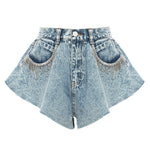 Rhinestone Fringe Denim Culottes - QH Clothing