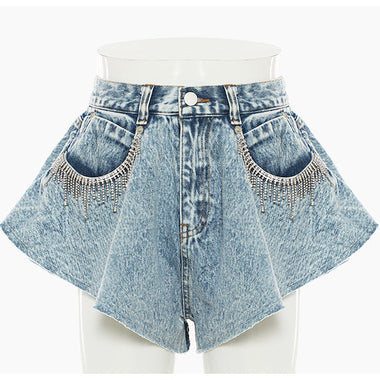 Rhinestone Fringe Denim Culottes - QH Clothing