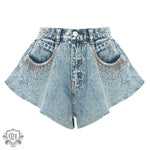 Rhinestone Fringe Denim Culottes - QH Clothing