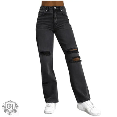 Ripped High Rise Denim Trousers - QH Clothing