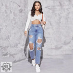 High Waist Ripped Denim Jeans - QH Clothing