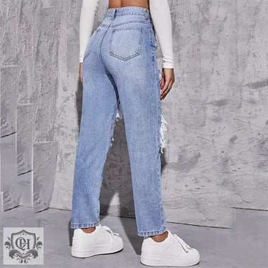 High Waist Ripped Denim Jeans - QH Clothing