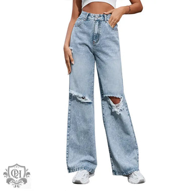 High Waist Wide Leg Denim Pants - QH Clothing