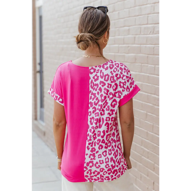 Rose Half Leopard Patchwork Short Sleeves Top - Tops/Tops & Tees