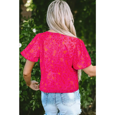 Rose Leopard Printed Puff Sleeve Top - Tops/Tops & Tees