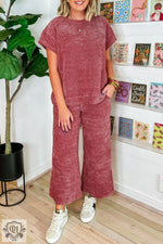 Rose Pink Mineral Wash Corduroy Short Sleeve and Crop Pants Set - Rose Pink / S / 100% Polyester - Two Piece Sets/Pant