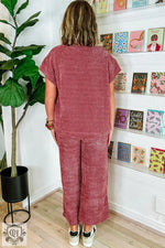 Rose Pink Mineral Wash Corduroy Short Sleeve and Crop Pants Set - Two Piece Sets/Pant Sets