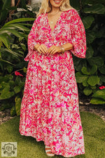 Rose Plus Size Floral V Neck Wide Sleeve Maxi Dress - Rose / 1X / 100% Polyester - Plus Size/Plus Size Dresses/Plus