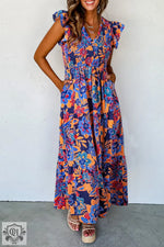 Rose Red Boho Floral V Neck Ruffle Tiered Long Dress - Dark Blue / S / 100% Polyester - Dresses/Maxi Dresses