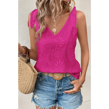 Rose Red Embroidery Patterned Knotted Straps V Neck Tank Top - Rose Red / S / 100% Cotton - Tops/Tank Tops