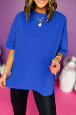 Bright royal blue short-sleeved sweater in relaxed fit, perfect for bust and hem sizes