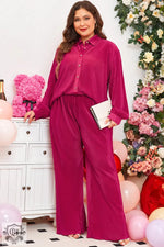 Rose Red Plus Size Ribbed Long Sleeve Shirt and Pants Pajama Set - Rose Red / 1X / 100% Polyester - Plus Size/Plus Size