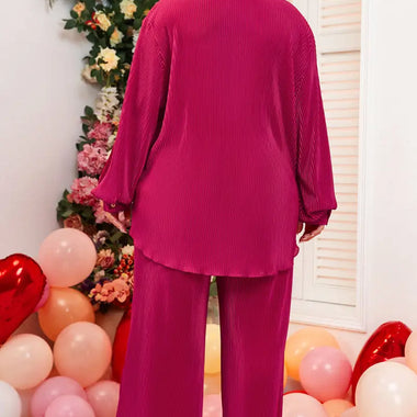 Rose Red Plus Size Ribbed Long Sleeve Shirt and Pants Pajama Set - Plus Size/Plus Size Loungewear