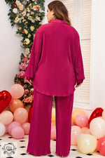 Rose Red Plus Size Ribbed Long Sleeve Shirt and Pants Pajama Set - Plus Size/Plus Size Loungewear