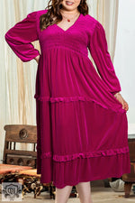 Rose Red Shirred V Neck Tiered Ruffled Velvet Plus Size Maxi Dress - Plus Size/Plus Size Dresses