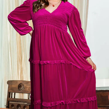 Rose Red Shirred V Neck Tiered Ruffled Velvet Plus Size Maxi Dress - Rose Red / 1X / 95% Polyester + 5% Elastane - Plus