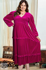 Rose Red Shirred V Neck Tiered Ruffled Velvet Plus Size Maxi Dress - Rose Red / 1X / 95% Polyester + 5% Elastane - Plus