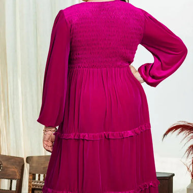 Rose Red Shirred V Neck Tiered Ruffled Velvet Plus Size Maxi Dress - Plus Size/Plus Size Dresses