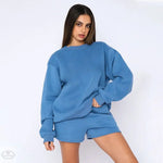 Cotton Autumn Winter Solid Color round Neck Pullover Long Sleeve Sweater Women Casual Shorts Set - Quality Home Clothing| Beauty