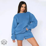 Cotton Autumn Winter Solid Color round Neck Pullover Long Sleeve Sweater Women Casual Shorts Set - Quality Home Clothing| Beauty