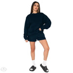 Cotton Autumn Winter Solid Color round Neck Pullover Long Sleeve Sweater Women Casual Shorts Set - Quality Home Clothing| Beauty