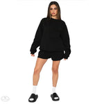 Cotton Autumn Winter Solid Color round Neck Pullover Long Sleeve Sweater Women Casual Shorts Set - Quality Home Clothing| Beauty