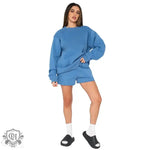 Cotton Autumn Winter Solid Color round Neck Pullover Long Sleeve Sweater Women Casual Shorts Set - Quality Home Clothing| Beauty