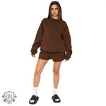 Cotton Autumn Winter Solid Color round Neck Pullover Long Sleeve Sweater Women Casual Shorts Set - Quality Home Clothing| Beauty