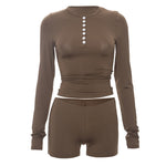 Round Neck Long Sleeve Top & Shorts Set - Clothing